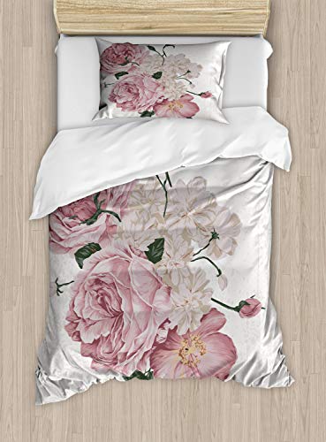 ABAKUHAUS Rose Bettbezugs Set für Einzelbetten, Alte Rosen Corsage Grunge, Milbensicher Allergiker geeignet mit Kissenbezug, 130 x 200 cm, Beige Grün von ABAKUHAUS