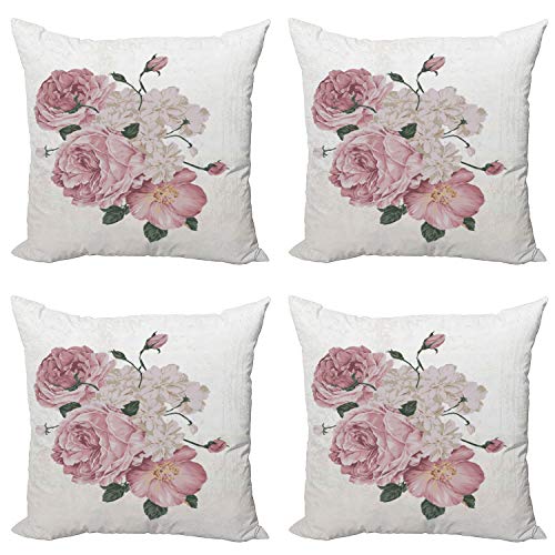 ABAKUHAUS Rose Dekokissen Kissenbezug 4er Pack, Alte Rosen Corsage Grunge, Modern Accent Doppelseitiger Digitaldruck, 60 x 60 cm, Beige Grün von ABAKUHAUS