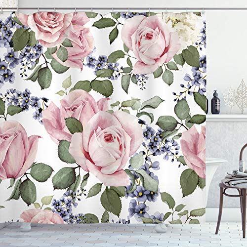 ABAKUHAUS Rose Duschvorhang, Blühendes Rosa Flora, Stoffliches Gewebe Badezimmerdekorationsset mit Haken, 175 x 180 cm, Pale Pink Grün Blaugrau von ABAKUHAUS