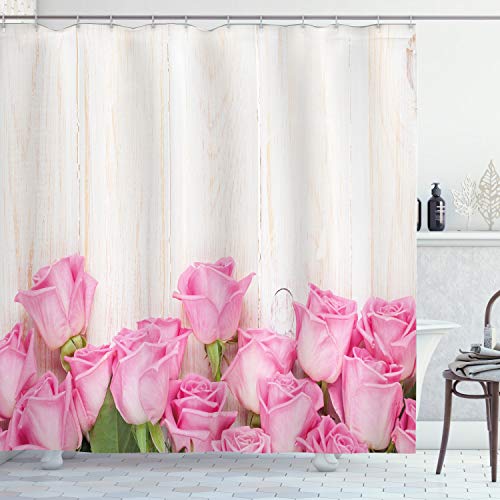 ABAKUHAUS Rose Duschvorhang, Blumen auf Holzplanken, Stoffliches Gewebe Badezimmerdekorationsset mit Haken, 175 x 200 cm, Creme Grün Rosa von ABAKUHAUS