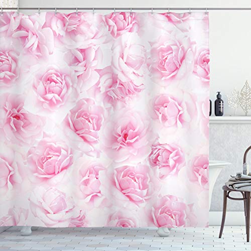 ABAKUHAUS Rose Duschvorhang, Blumengarten Victorian, Stoffliches Gewebe Badezimmerdekorationsset mit Haken, 175 x 200 cm, Soft Pink von ABAKUHAUS