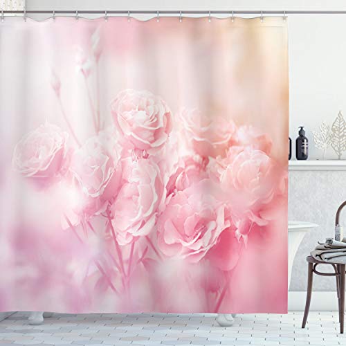 ABAKUHAUS Rose Duschvorhang, Dreamy Frühling Natur-Ansicht, Stoffliches Gewebe Badezimmerdekorationsset mit Haken, 175 x 200 cm, Hellrosa von ABAKUHAUS