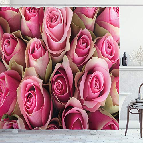 ABAKUHAUS Rose Duschvorhang, Frische weiche Braut, Stoffliches Gewebe Badezimmerdekorationsset mit Haken, 175 x 200 cm, Hellgrün Rosa von ABAKUHAUS