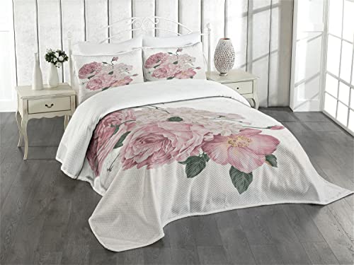 ABAKUHAUS Rose Tagesdecke Set, Alte Rosen Corsage Grunge, Set mit Kissenbezügen Waschbar, für Doppelbetten 264 x 220 cm, Beige Grün von ABAKUHAUS