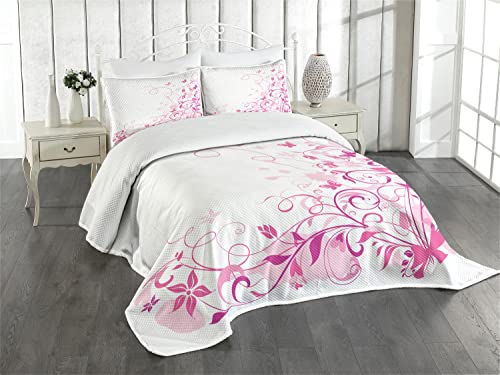 ABAKUHAUS Rose Tagesdecke Set, Strudel Schmetterlinge Blätter, Set mit Kissenbezügen Waschbar, für Einzelbetten 170 x 220 cm, Magenta Pink von ABAKUHAUS