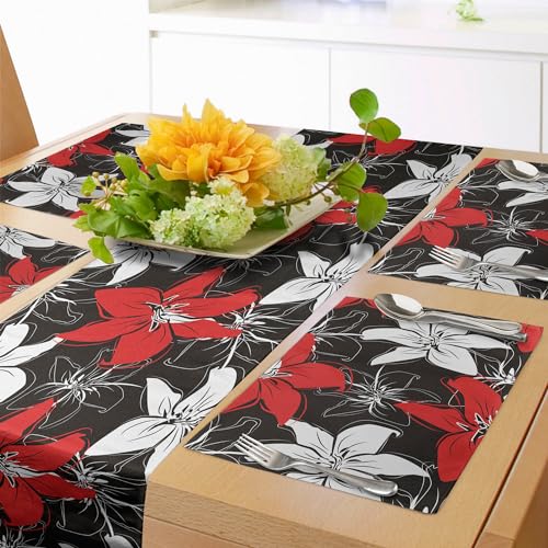 ABAKUHAUS Rot und Schwarz Tischläufer & 4 Stück Tischsets, Künstlerische Beetpflanzen blühende Garten-Muster Retro-Natur, Tischdeko-Set, 180 x 40 cm, Schwarz Rot von ABAKUHAUS