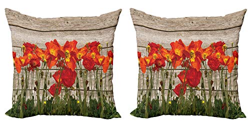 ABAKUHAUS Rustikal Dekokissen Kissenbezug 2er Pack, Blooming Mohnblumen-Blumen, Modern Accent Doppelseitiger Digitaldruck, 45x45, Orange Braun von ABAKUHAUS