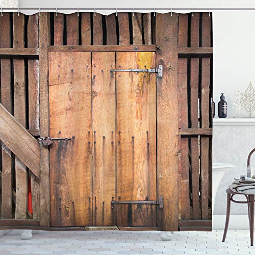 ABAKUHAUS Rustikal Duschvorhang, Dated Tür Barn House, Stoffliches Gewebe Badezimmerdekorationsset mit Haken, 175 x 200 cm, Schokolade von ABAKUHAUS