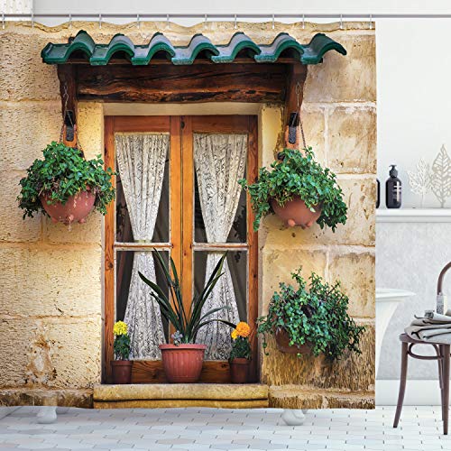 ABAKUHAUS Rustikal Duschvorhang, Altes Fenster und Blumen, Stoffliches Gewebe Badezimmerdekorationsset mit Haken, 175 x 200 cm, Beige Grün von ABAKUHAUS