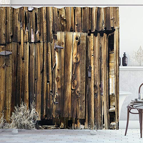 ABAKUHAUS Rustikal Duschvorhang, Oak Barn Holz-Tür, Stoffliches Gewebe Badezimmerdekorationsset mit Haken, 175 x 180 cm, Braun von ABAKUHAUS