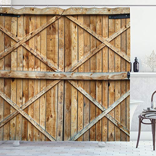 ABAKUHAUS Rustikal Duschvorhang, Holz-Holz-Tür Plank, Stoffliches Gewebe Badezimmerdekorationsset mit Haken, 175 x 220 cm, Braun von ABAKUHAUS