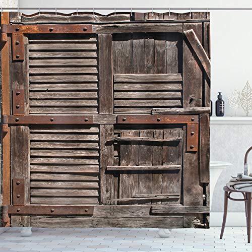 ABAKUHAUS Rustikal Duschvorhang, Italienische Tür aus Holz, Stoffliches Gewebe Badezimmerdekorationsset mit Haken, 175 x 240 cm, Umbra Braun von ABAKUHAUS