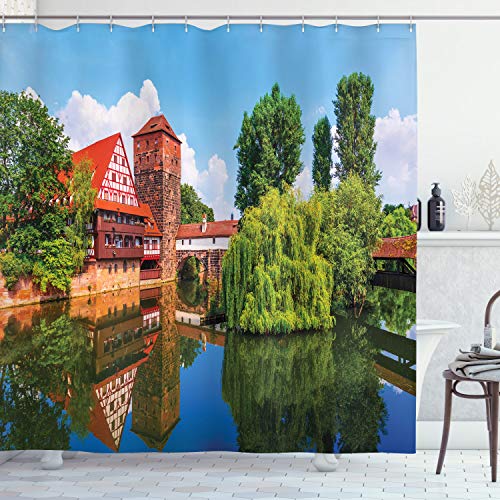 ABAKUHAUS Rustikal Duschvorhang, Summer View German Town, Stoffliches Gewebe Badezimmerdekorationsset mit Haken, 175 x 200 cm, Orange Grün Blau von ABAKUHAUS