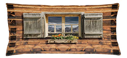 ABAKUHAUS Rustikal Kissenbezug, Blick vom Berghütte, Klöppelkissenhüllen mit Beidseitigen Druck Farbfest Waschbar und Reißverschluß, 90 x 40 cm, Braun Grün von ABAKUHAUS