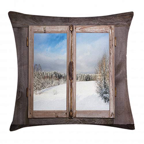 ABAKUHAUS Rustikal Kissenbezug, Wintersaison Szene, Seitenschläferkissenhülle ohne Kissen mit Reißverschluss und Beitseitigem Druck Waschbar, 45 x 45 cm, Weiß Umbrabraun Blau von ABAKUHAUS