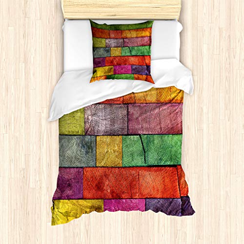 ABAKUHAUS Rustikal Bettbezug Set, Regenbogen Timber Kunst, Milbensicher Allergiker geeignet mit Kissenbezügen, 135 cm x 200 cm - 80 x 80 cm, Mehrfarbig von ABAKUHAUS