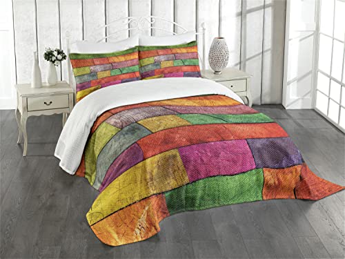 ABAKUHAUS Rustikal Tagesdecke Set, Regenbogen Timber Kunst, Set mit Kissenbezügen Sommerdecke, für Doppelbetten 220 x 220 cm, Orange Gelb von ABAKUHAUS