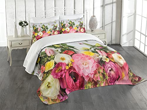 ABAKUHAUS Rustikal Tagesdecke Set, Rustikales Haus Rose Blumen, Set mit Kissenbezug Klare Farben, für Einzelbetten 170 x 220 cm, Grün Rosa von ABAKUHAUS