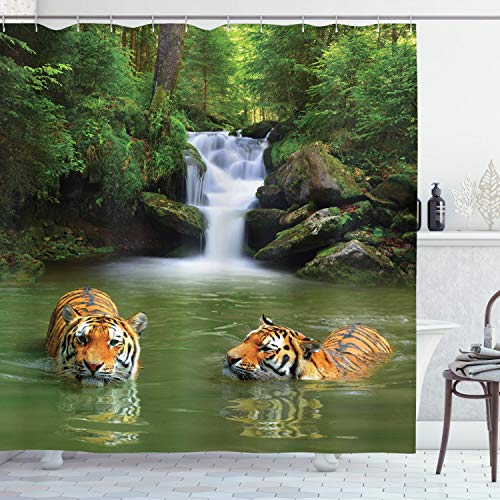 ABAKUHAUS Safari Duschvorhang, Sibirische Tiger, Stoffliches Gewebe Badezimmerdekorationsset mit Haken, 175 x 240 cm, Reseda Grün Orange von ABAKUHAUS