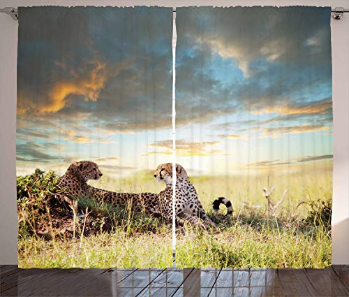 ABAKUHAUS Safari Rustikaler Gardine, Gefährliche Geparden in Afrika, Schlafzimmer Kräuselband Vorhang mit Schlaufen und Haken, 280 x 225 cm, Braun Grün von ABAKUHAUS