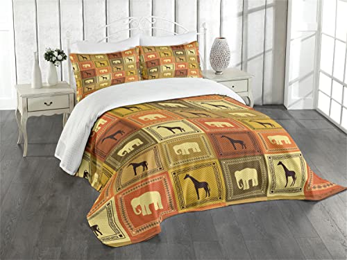 ABAKUHAUS Safari Tagesdecke Set, Afrikanische Tiere Muster, Set mit Kissenbezug Klare Farben, für Einzelbetten 170 x 220 cm, Schwarz Braun von ABAKUHAUS