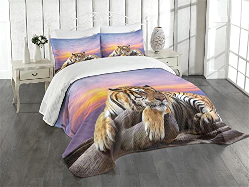 ABAKUHAUS Safari Tagesdecke Set, Tiger Bunte Sonnenuntergang, Set mit Kissenbezug Weicher Stoff, für Einzelbetten 170 x 220 cm, Lavendel Senf Beige Lila von ABAKUHAUS