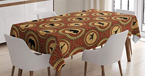 ABAKUHAUS Safari Tischdecke, AFFE Lion Folk African, Pflegeleicht mit Modernster Druck Technologie Waschbar und Personalisiert, 140 x 200 cm, Senf von ABAKUHAUS