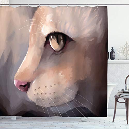 ABAKUHAUS Katze Duschvorhang, Portrait Kitty-Katze Meow, Stoffliches Gewebe Badezimmerdekorationsset mit Haken, 175 x 220 cm, Creme von ABAKUHAUS
