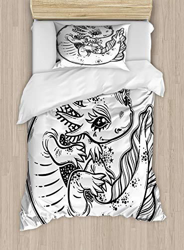ABAKUHAUS Salamander Bettbezugs Set für Einzelbetten, Graphic Axolotl Zeichnung, Milbensicher Allergiker geeignet mit Kissenbezug, 130 x 200 cm, Grau Weiß von ABAKUHAUS