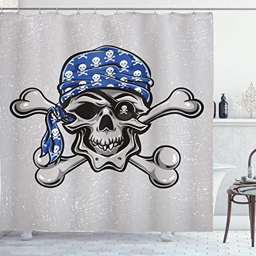 ABAKUHAUS Schädel Duschvorhang, Pirate Schlechter Kopf Knochen, Stoffliches Gewebe Badezimmerdekorationsset mit Haken, 175 x 200 cm, Blau grau Schwarz Grau von ABAKUHAUS