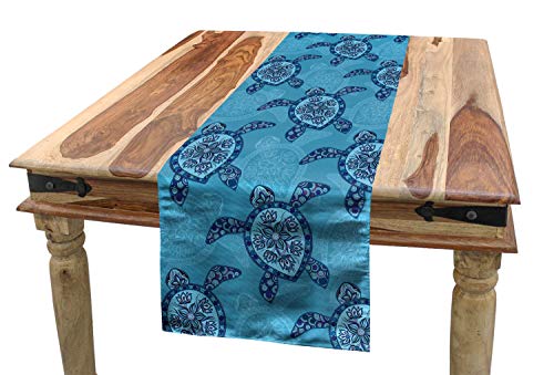 ABAKUHAUS Schildkröte Tischläufer, Wassertiere Blumen, Esszimmer Küche Rechteckiger Dekorativer Tischläufer, 40 x 180 cm, Blau Türkis von ABAKUHAUS