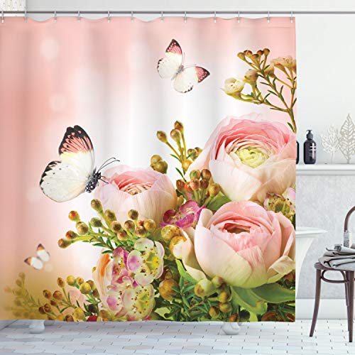 ABAKUHAUS Schmetterling Duschvorhang, Blühende Feminine Roses, mit 12 Ringe Set Stielvoll Modern, 175x200 cm, Rose Grün von ABAKUHAUS