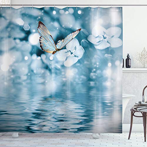 ABAKUHAUS Schmetterling Duschvorhang, Schmetterling verschwommen Teich, mit 12 Ringe Set Stielvoll Modern, 175x200 cm, Weiß und Blau von ABAKUHAUS