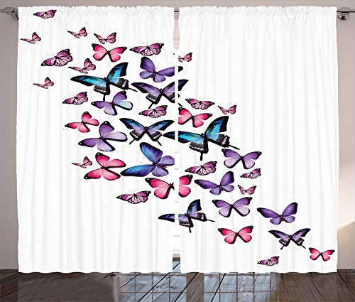 ABAKUHAUS Schmetterling Rustikaler Vorhang, Flügel Feminine, Wohnzimmer Universalband Gardinen mit Schlaufen und Haken, 280 x 175 cm, Blau und Lila von ABAKUHAUS