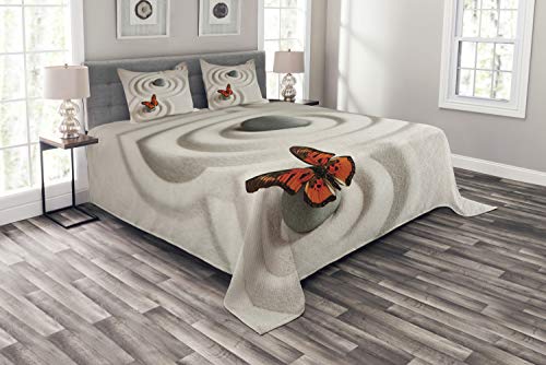 ABAKUHAUS Schmetterling Tagesdecke Set, Rock Serenity, Set mit Kissenbezügen Waschbar, für Doppelbetten 220 x 220 cm, Orange Beige von ABAKUHAUS