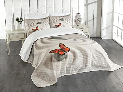 ABAKUHAUS Schmetterling Tagesdecke Set, Rock Serenity, Set mit Kissenbezügen Waschbar, für Doppelbetten 264 x 220 cm, Orange Beige von ABAKUHAUS