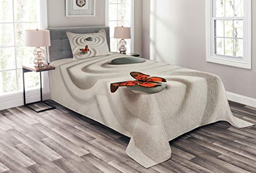 ABAKUHAUS Schmetterling Tagesdecke Set, Rock Serenity, Set mit Kissenbezügen Waschbar, für Einzelbetten 170 x 220 cm, Orange Beige von ABAKUHAUS