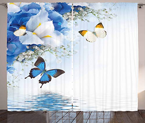 ABAKUHAUS Schmetterlinge Rustikaler Gardine, Exotische Blumen Teich, Schlafzimmer Kräuselband Vorhang mit Schlaufen und Haken, 280 x 175 cm, Blau Gelb von ABAKUHAUS