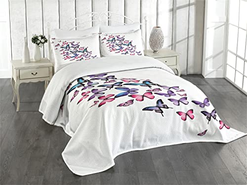 ABAKUHAUS Schmetterlinge Tagesdecke Set, Netter Flügel Feminine, Set mit Kissenbezug Sommerdecke, für Einzelbetten 170 x 220 cm, Lila Rosa Blau von ABAKUHAUS