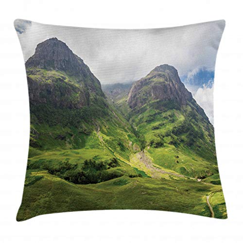 ABAKUHAUS Schottland Kissenbezug, Glencoe Highlands Wolken, Wasser und Schmutz resistent Stoff Digital Druck Für den Innen oder Außen Bereich, 40 x 40 cm, Farngrün Weiß von ABAKUHAUS