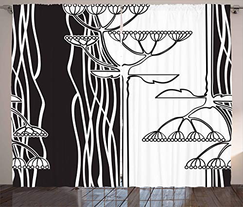 ABAKUHAUS Schwarz Und Weiß Rustikaler Vorhang, Abstrakte Pflanzen Kunst, Wohnzimmer Universalband Gardinen mit Schlaufen und Haken, 280 x 245 cm, Schwarz Weiß von ABAKUHAUS