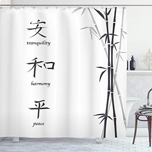 ABAKUHAUS Schwarz-Weiss Duschvorhang, Friedens Bambus, Stoffliches Gewebe Badezimmerdekorationsset mit Haken, 175 x 180 cm, Weiß Schwarz von ABAKUHAUS