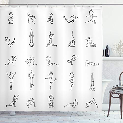 ABAKUHAUS Yoga Duschvorhang, Stickman Yoga Moves, Stoffliches Gewebe Badezimmerdekorationsset mit Haken, 175 x 180 cm, Weiß Schwarz von ABAKUHAUS