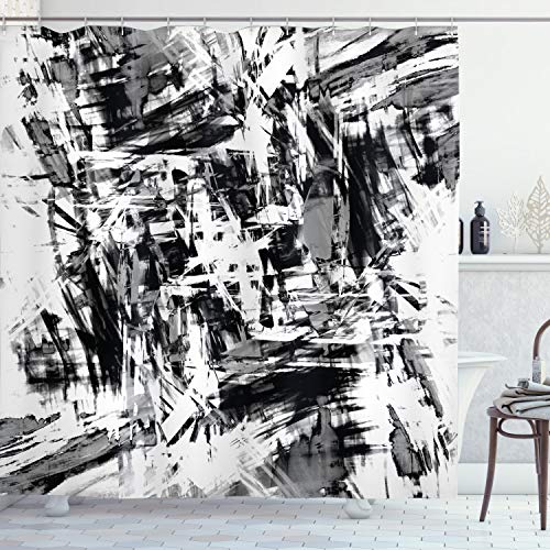 ABAKUHAUS Abstrakt Duschvorhang, Grunge Artwork, Stoffliches Gewebe Badezimmerdekorationsset mit Haken, 175 x 200 cm, Schwarz Weiß Grau von ABAKUHAUS
