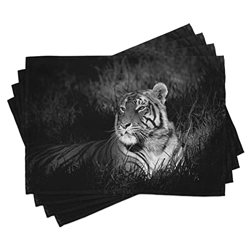 ABAKUHAUS Schwarz und weiß Platzmatten, Der Bengalischer Tiger Im Gras Afrika Savanne Monochrom Bild Druck, Waschbare Stoff Esszimmer Küche Tischdekorations Digitaldruck, Schwarz und Weiß von ABAKUHAUS