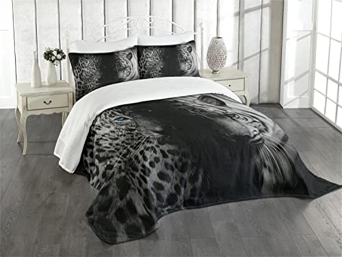 ABAKUHAUS Schwarz und weiß Tagesdecke Set, Wilde Leoparden, Set mit Kissenbezügen Sommerdecke, für Einzelbetten 170 x 220 cm, Weiß Schwarz Blau von ABAKUHAUS