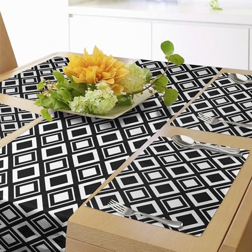 ABAKUHAUS Schwarz und weiß Tischläufer & 4 Stück Tischsets, Einfarbiger Hintergrund mit Quadrat formt diagonales Muster-modernes geometrisches, Tischdeko-Set, 180 x 40 cm, Weiß und Schwarz von ABAKUHAUS