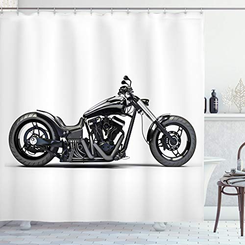 ABAKUHAUS Schwarzgrau Duschvorhang, benutzerdefinierte Motorrad, Stoffliches Gewebe Badezimmerdekorationsset mit Haken, 175 x 240 cm, Grau Schwarz Weiß von ABAKUHAUS