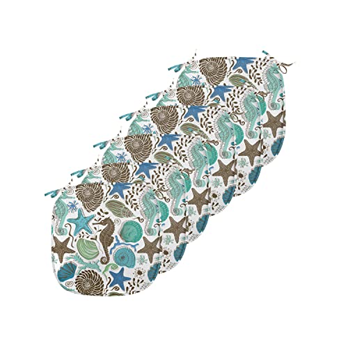 ABAKUHAUS Sea Shells Polster für Esszimmerstühle, Abstrakt Maritime, Dekoratives wasserfestes Kissen mit Riemen für Küchensitze, 40 cm x 40 cm-6er Pack, Seafoam Braun Blau von ABAKUHAUS