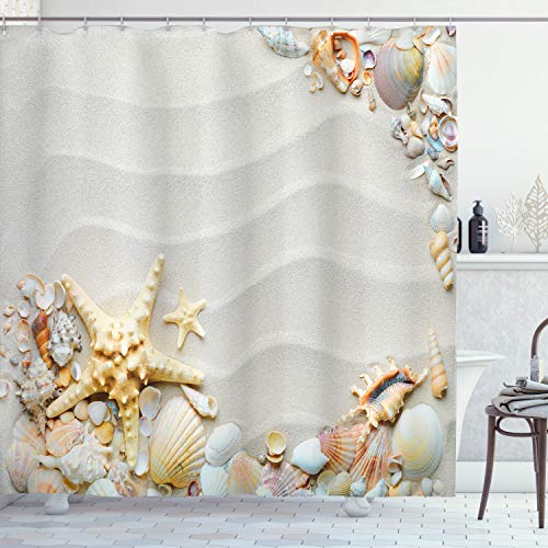 ABAKUHAUS Seestern Duschvorhang, Bunter Sand, Stoffliches Gewebe Badezimmerdekorationsset mit Haken, 175 x 240 cm, Mehrfarbig von ABAKUHAUS